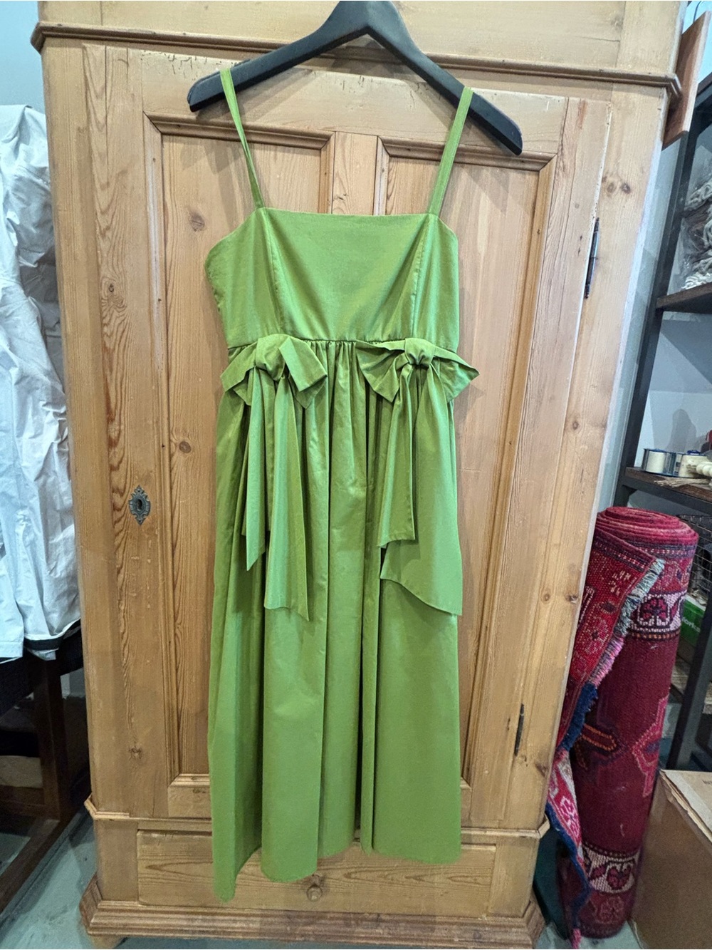 Tara Jarmon Lime Green Spaghetti-Strap Midi Dress with Waist Bows